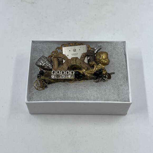 Vintage Maximal Art Collage Brooch Pin Mixed Materials Signed 80 Art Assemblage - Picture 3 of 11